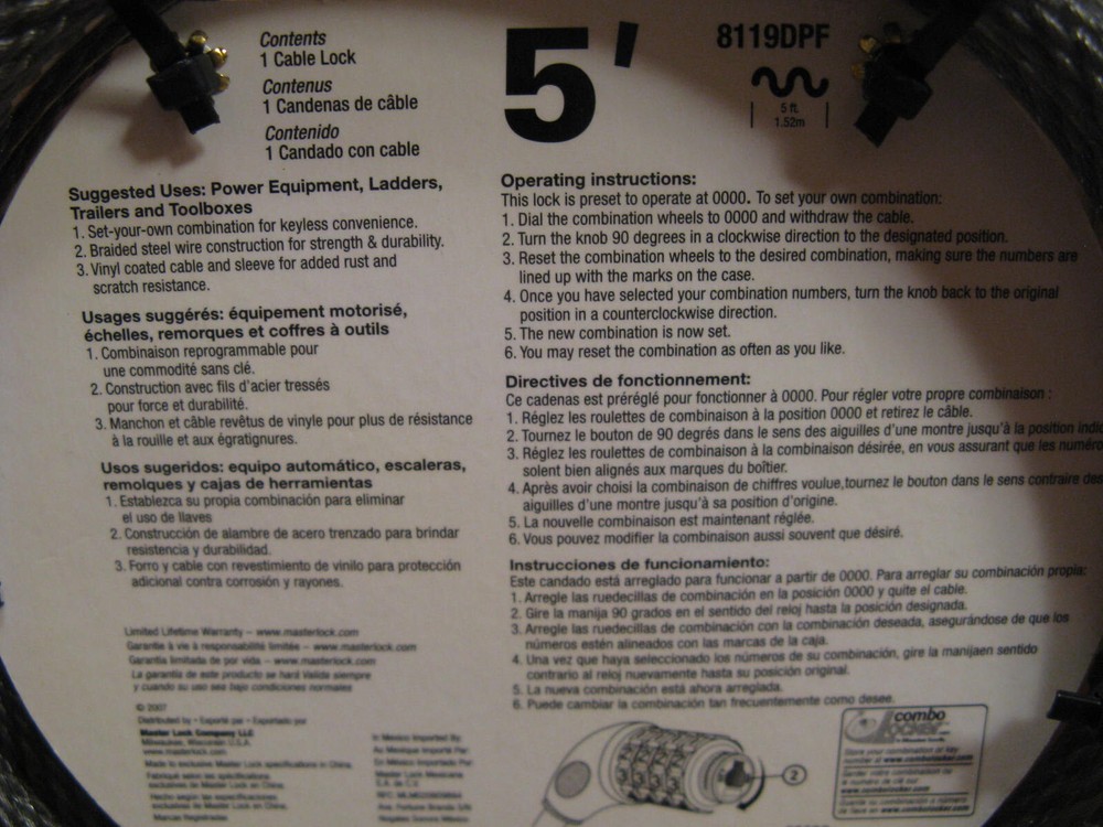 New Master Lock 5 ft Combination Cable Lock 8119DPF 60"