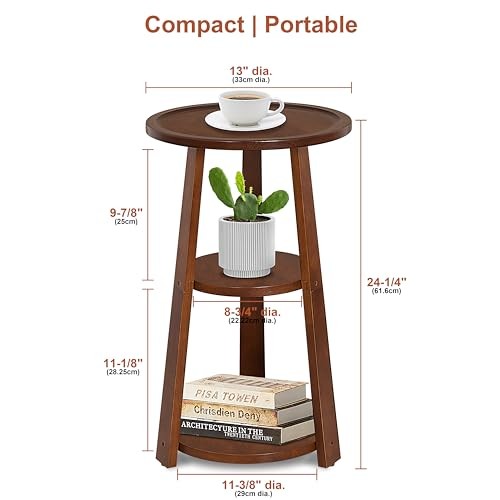 3-Tier Round Side Table, Solid Wood End Table & Nightstand for Small Red Brown