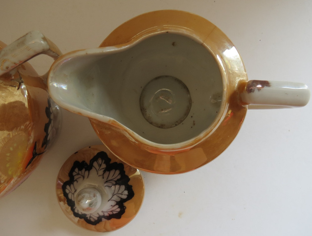 Orange Lusterware Double Handle Sugar Bowl & Creamer Set Hand Painted