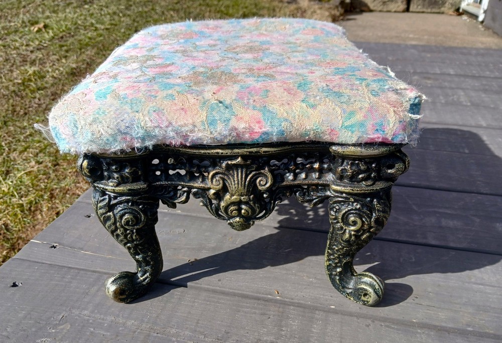 Vintage Upholstered Victorian Foot Stool with Cast Iron Base