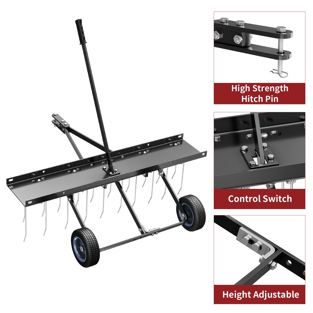 40" Dethatcher Tow Behind Lawn rake Sweeper W/ Transport Handle Rust-proof Black