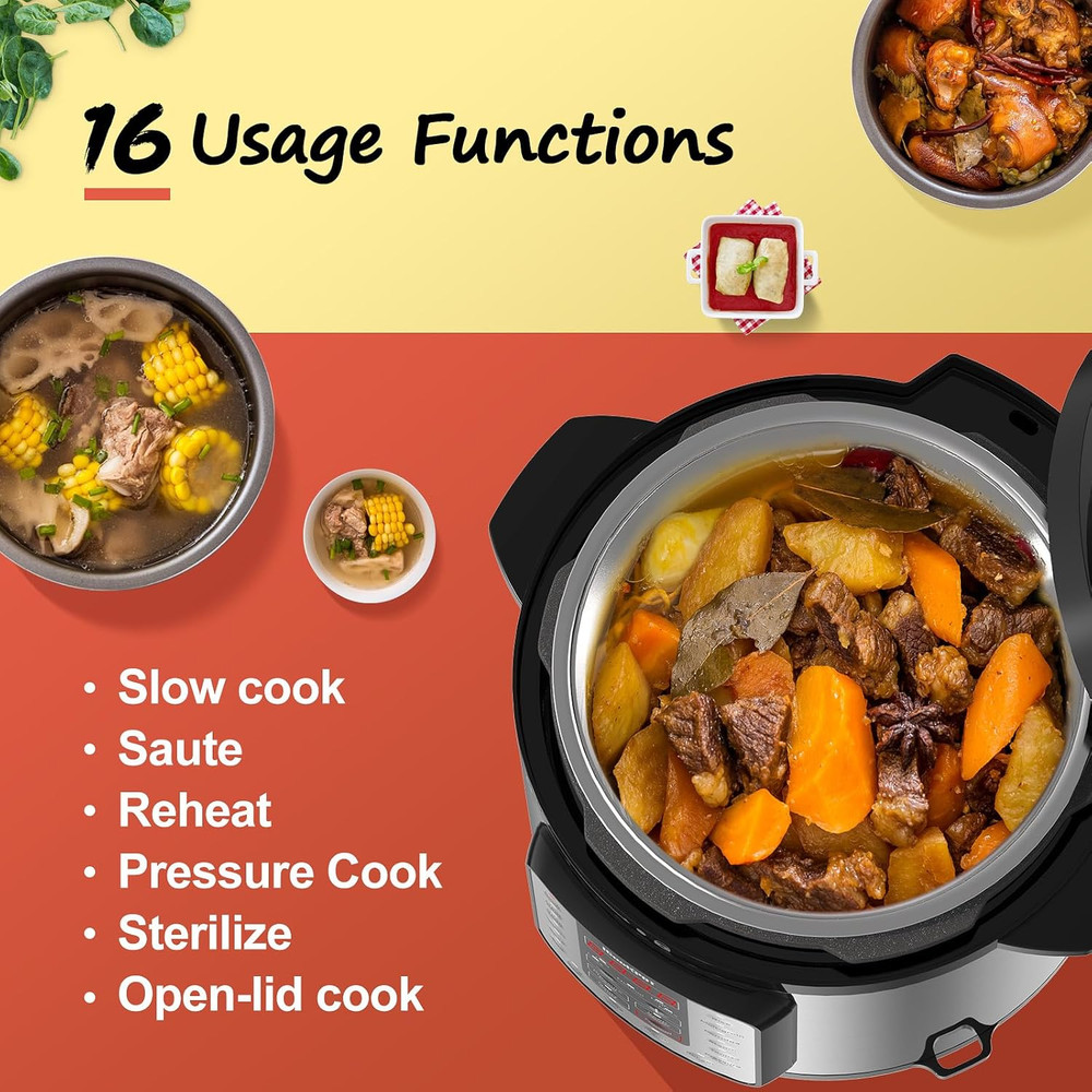 16-in-1 6-Quart Electric Pressure Cooker with Keep Warm Function