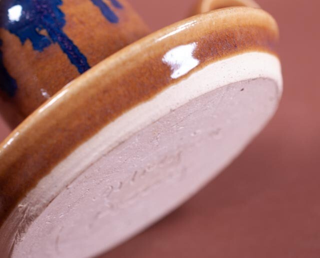Morgan Pottery Studio Blue Drip Glaze Candlestick Holder Loop Handle