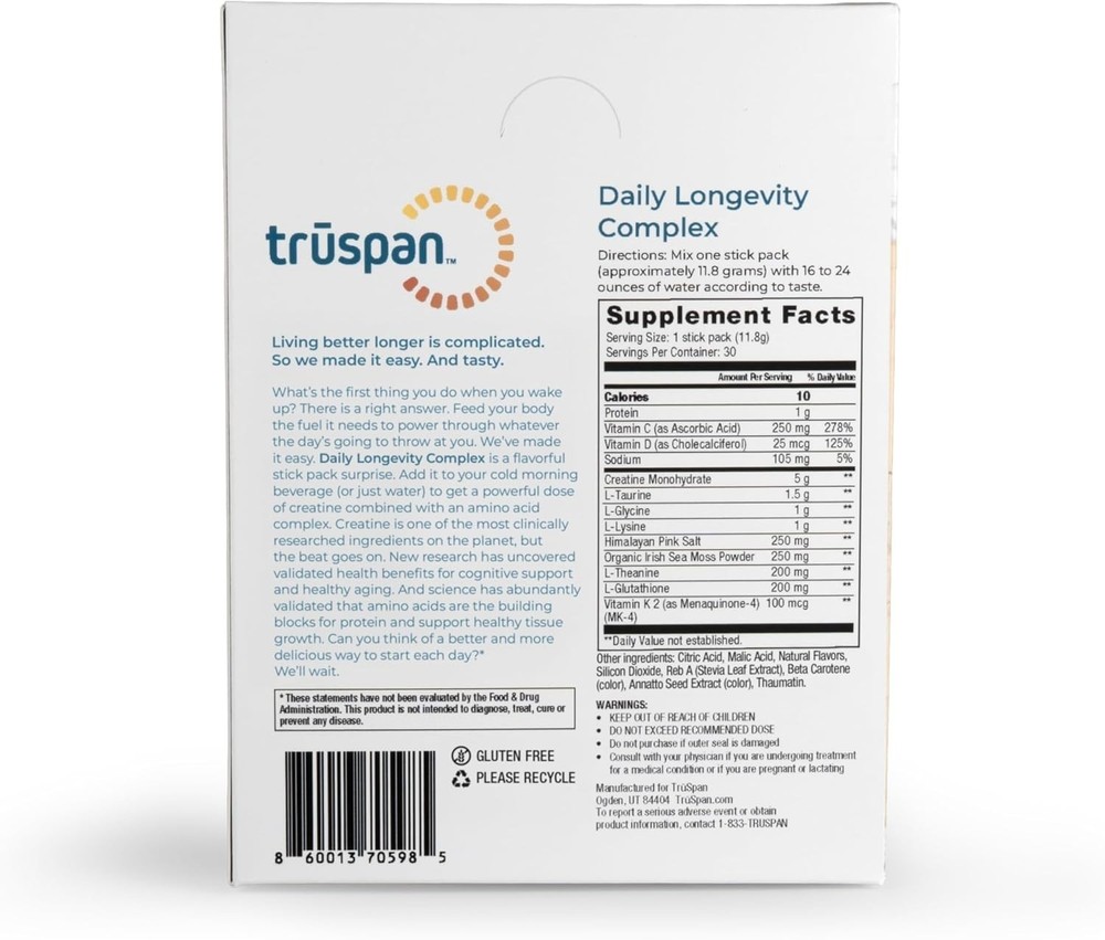TRŪSPAN Daily Longevity Complex Stick Packs – Creatine Monohydrate 5g & Aminos