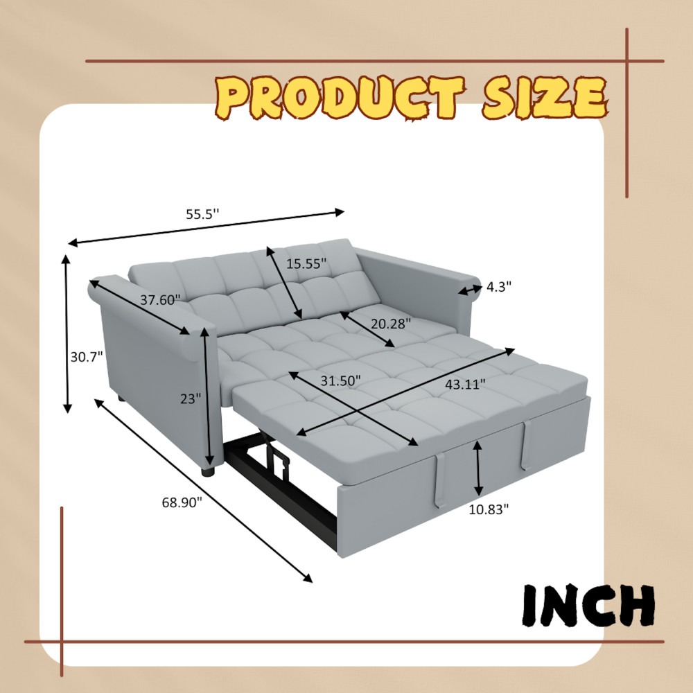 Velvet 2-Seater Sofa Bed, Gray Pull-Out Sleeper with Side Pocket, Compact