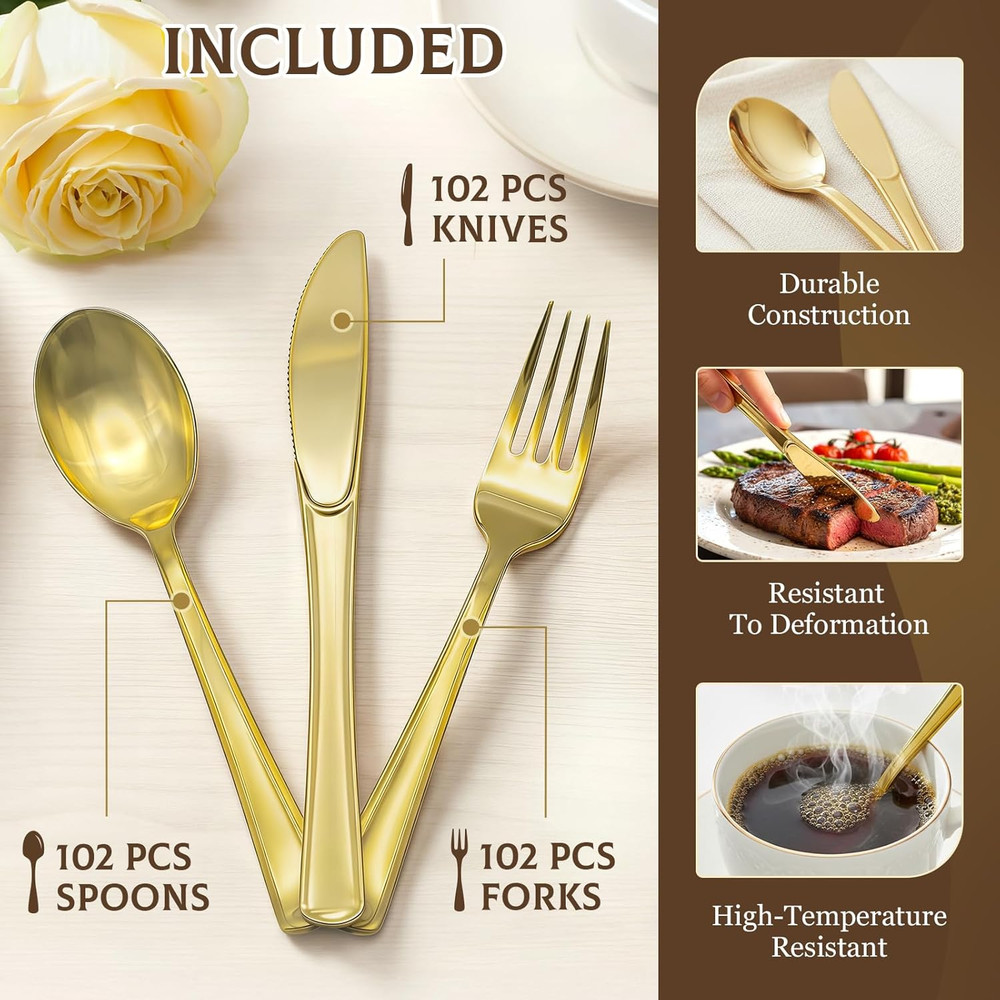 306 Pack Gold Plastic Silverware - Heavy Duty Gold Silverware Set - 102 Forks