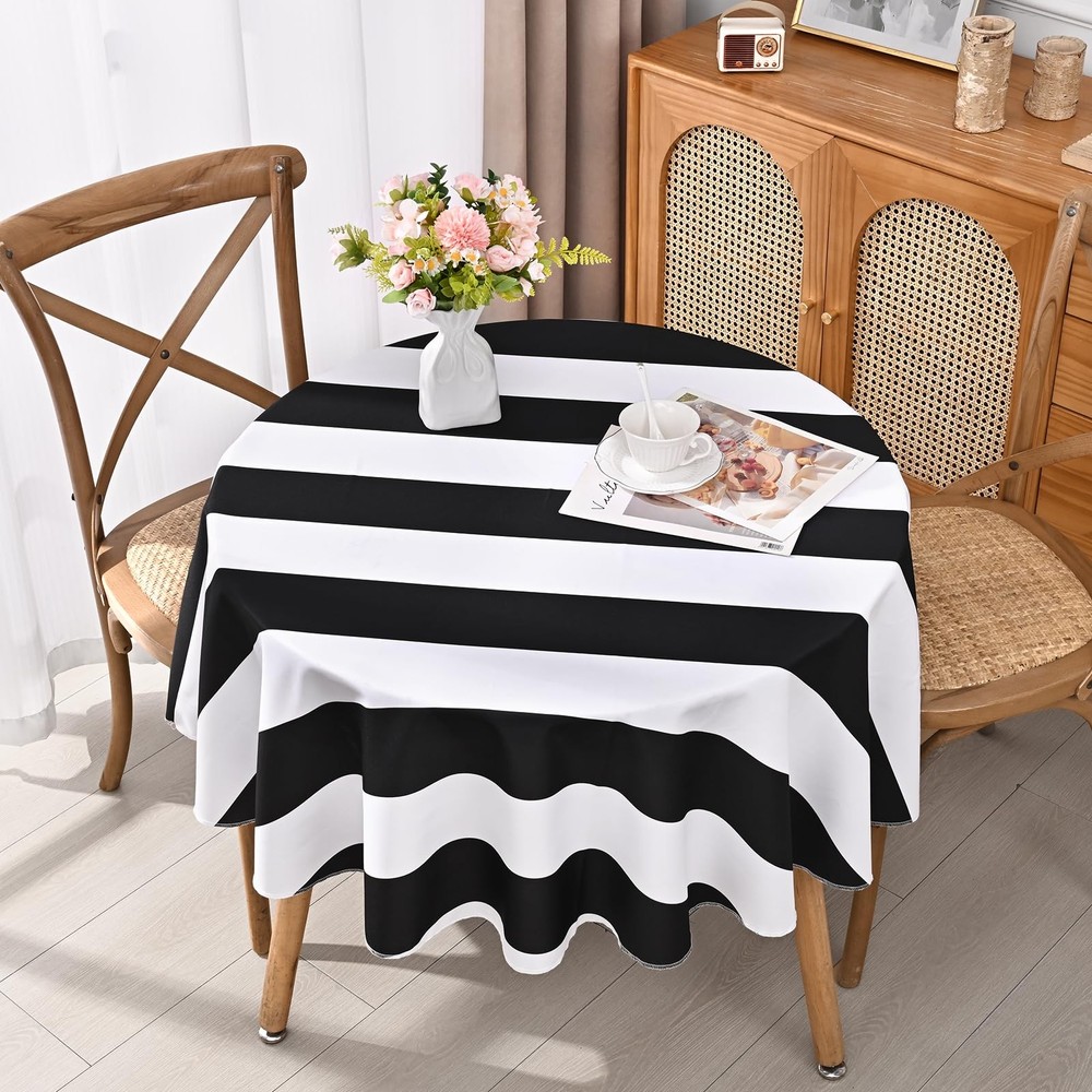 Black White Striped Round Tablecloth 60 Inch Geometric Waterproof Polyester
