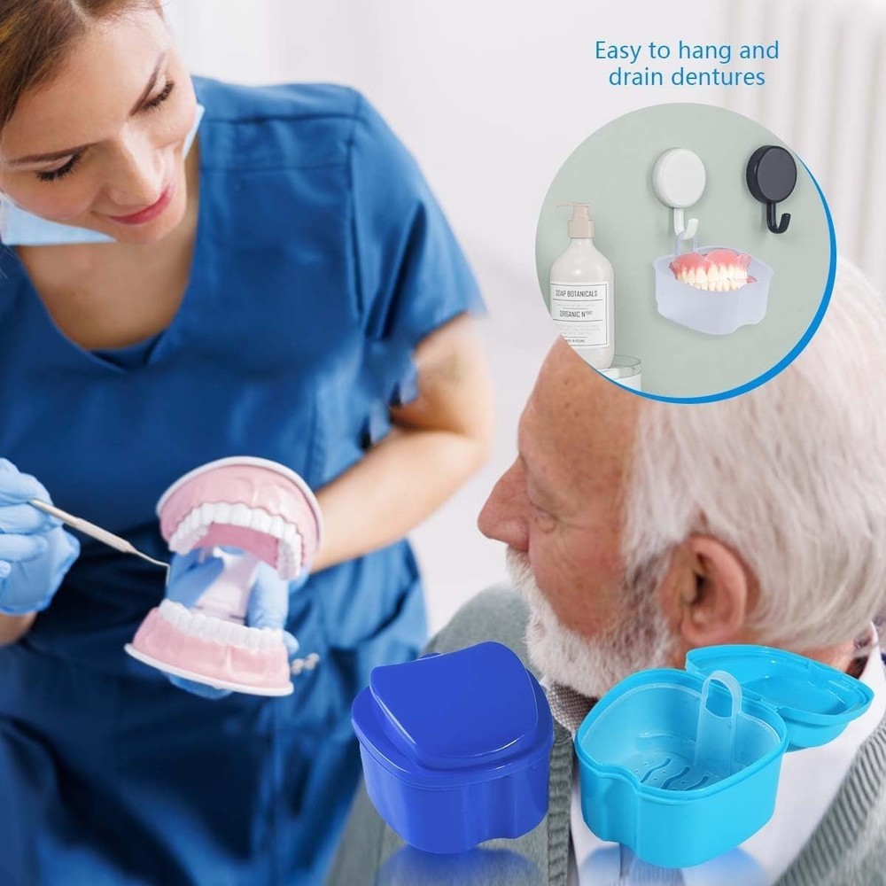 2 Pack Colors Denture Bath Case Cup Box Holder Storage Soak Container with St...