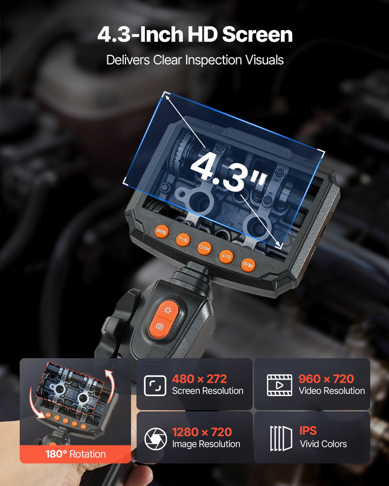 Articulating Borescope Camera with Light, Mechanical Equipment (4.9FT Cable)