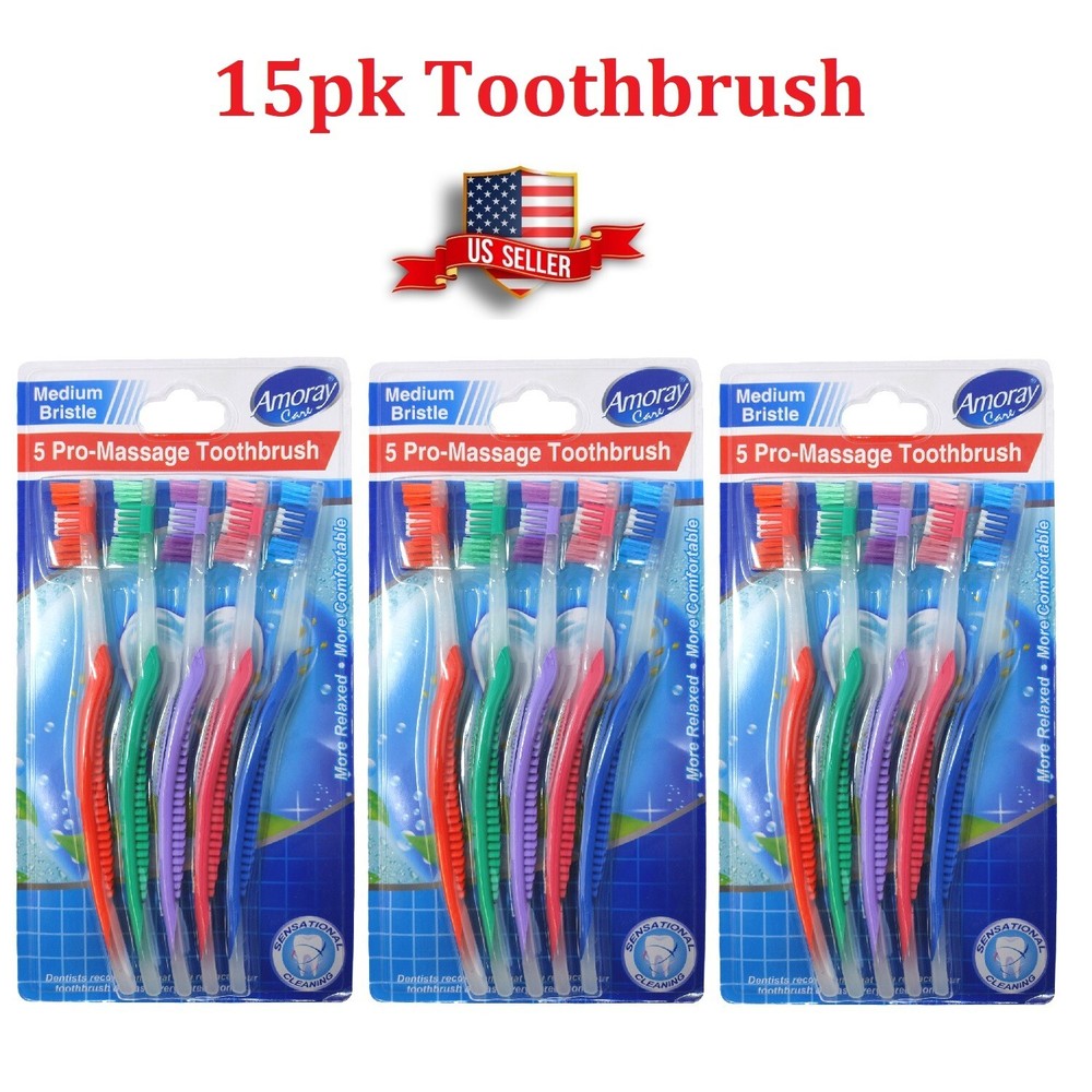15Pk Toothbrushes Standard Classic Multicolor Medium Soft Manual Toothbrush Bulk