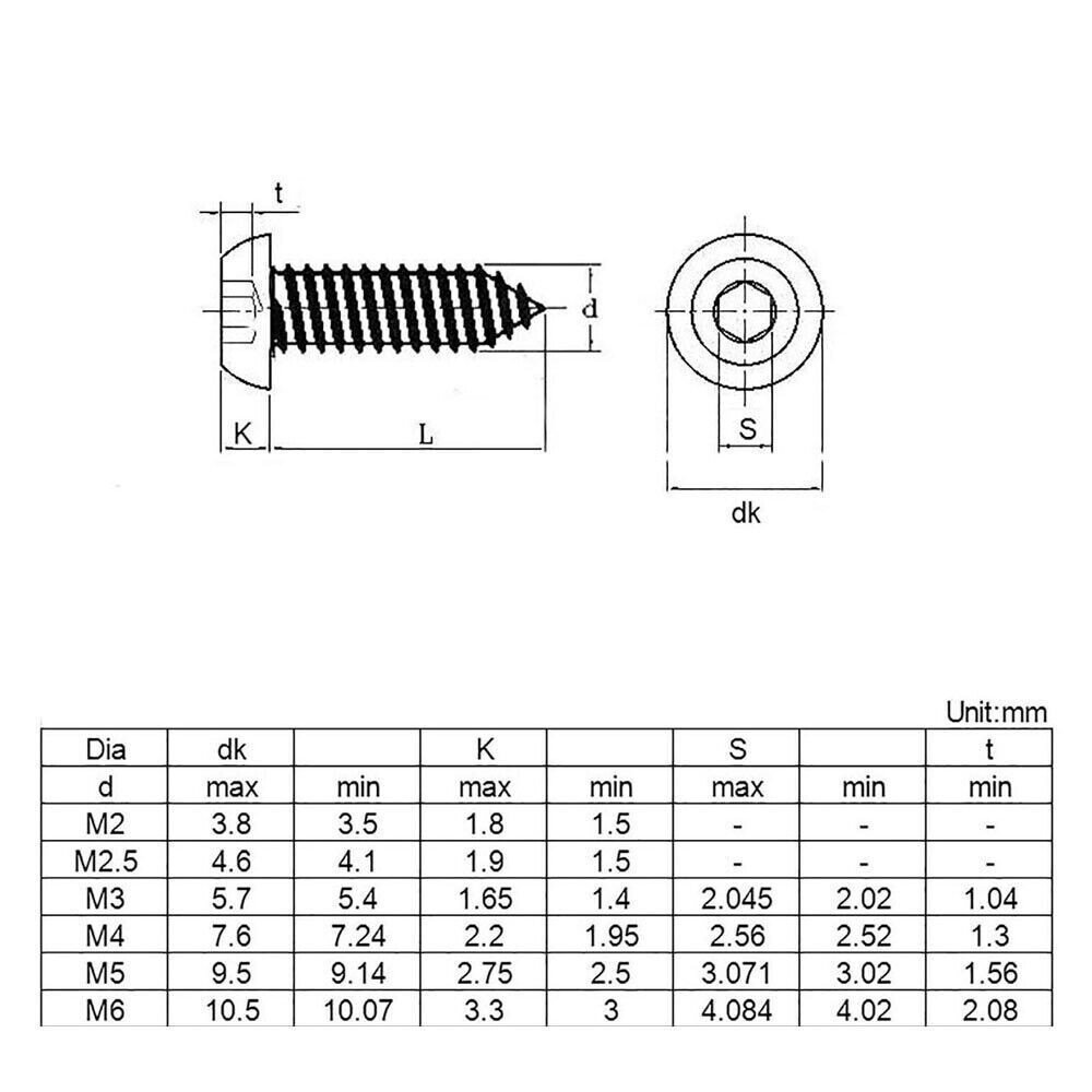 A2 304 Stainless Button Head Socket Cap Self Tapping Screws M2-M6