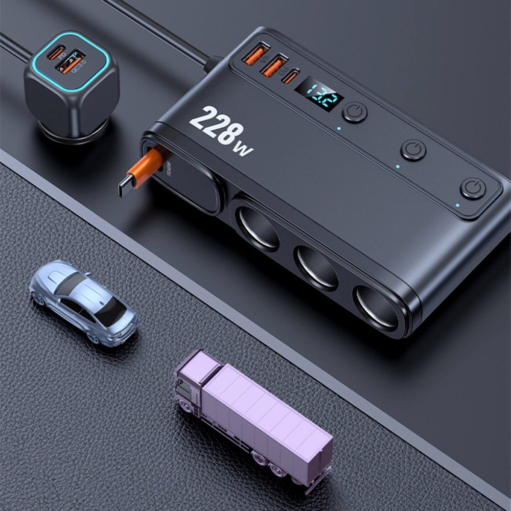 Multi Function Car Charger 9-in-1 with 3 Cigarette Lighter Sockets 6 USB 228W