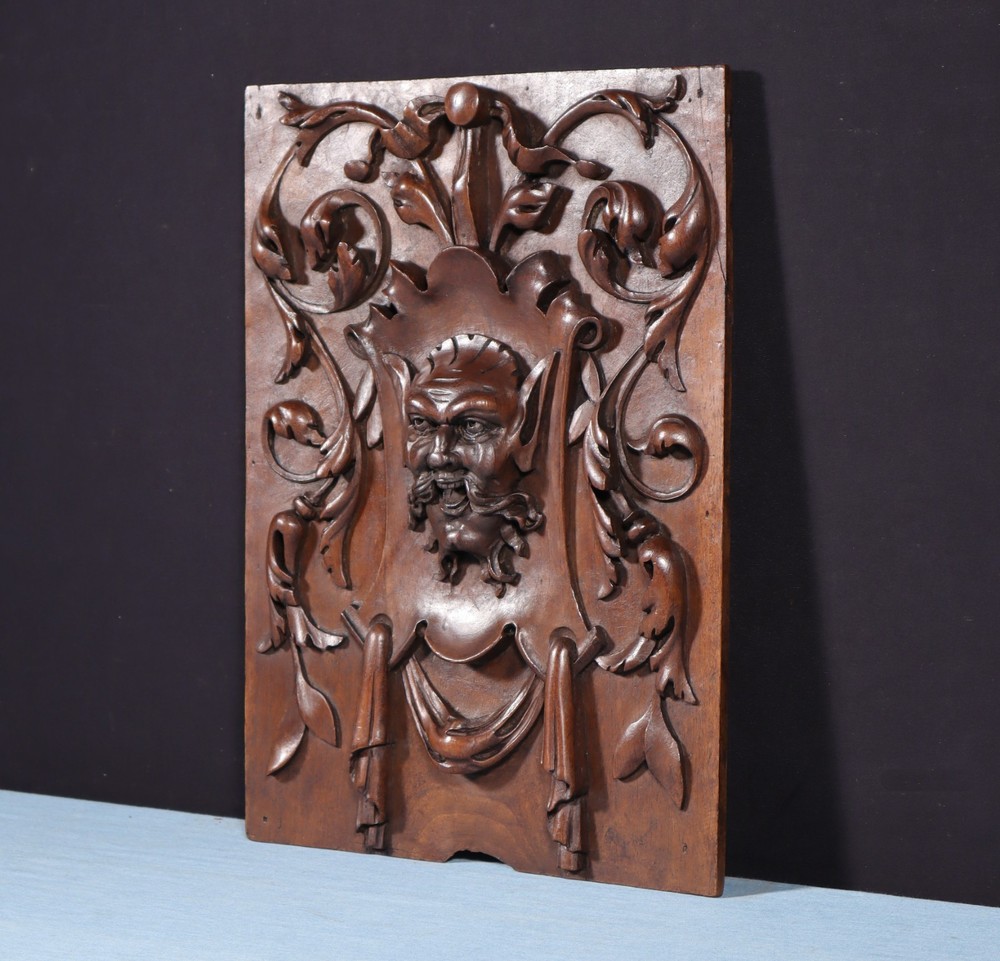 15" Tall Antique French Solid Walnut Wood Panel with Highly Carved Devil/Face