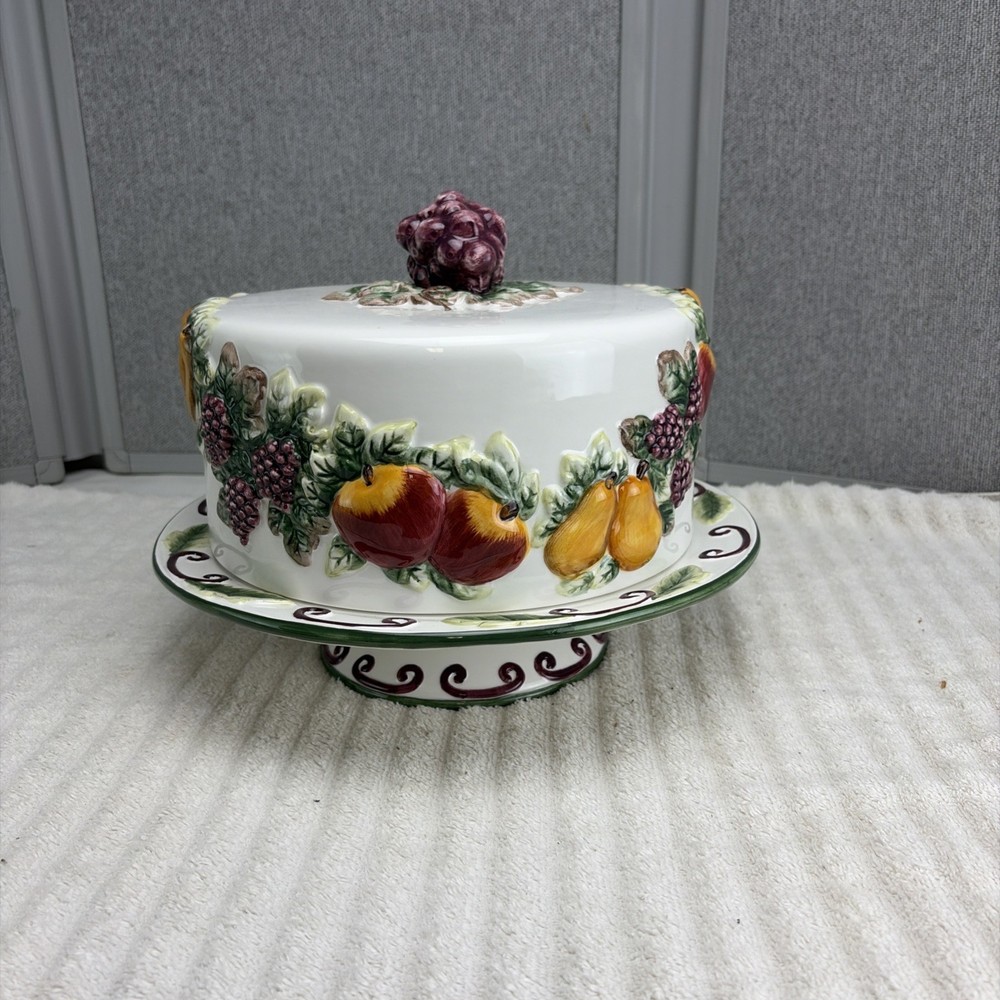 Grape Fruit Covered Pedestal Cake Plate Large Stand with Dome Cover Elements