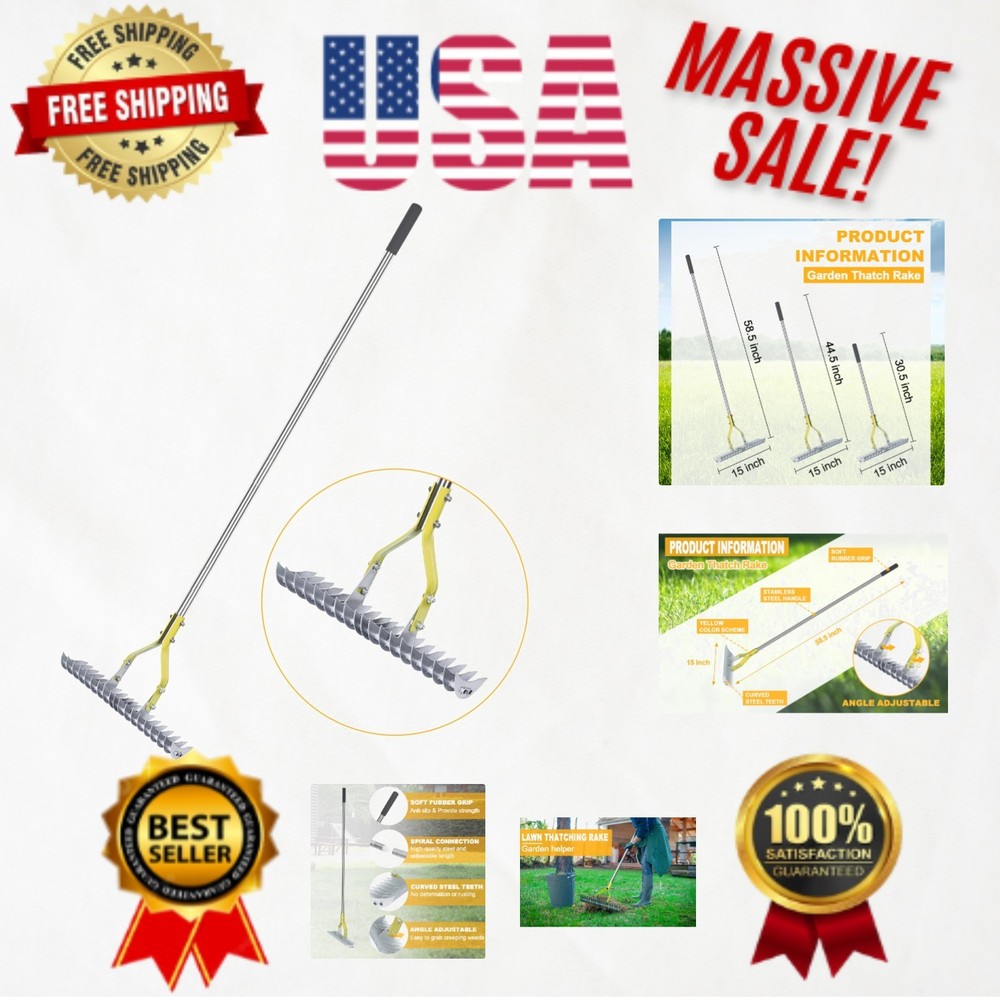 15-Inch Thatching Rake with Adjustable Angle & Stainless Steel Handle for Lawns
