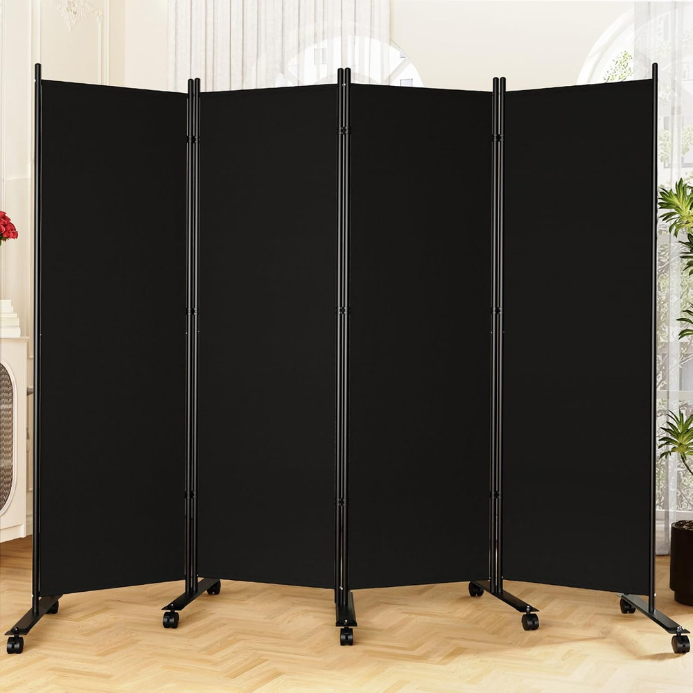 6FT Folding Room Divider with Lockable Wheels - 4 Panel Privacy Screen Black