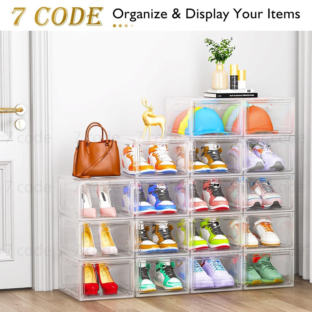 Thickened Clear Shoe Storage Organizer with Magnetic Door, Sturdy Stackable S...
