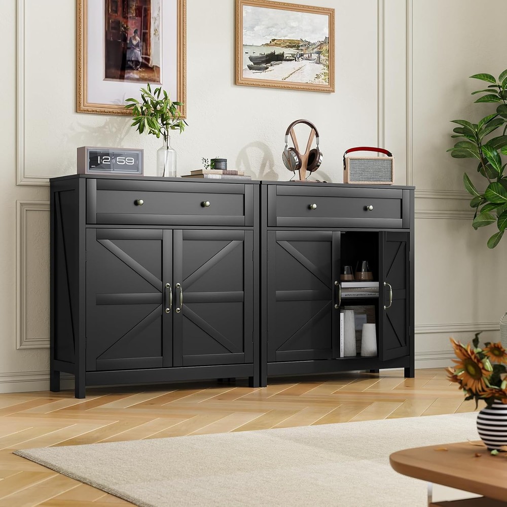 Buffet Sideboard W/ 2 Barn Doors,Black Kitchen Cabinet W/ Adjustable Shelf