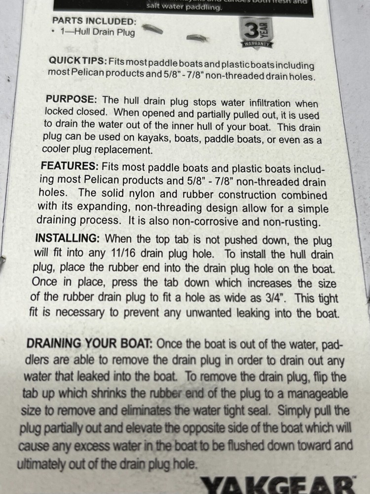 YakGear Hull Drain Plug NEW