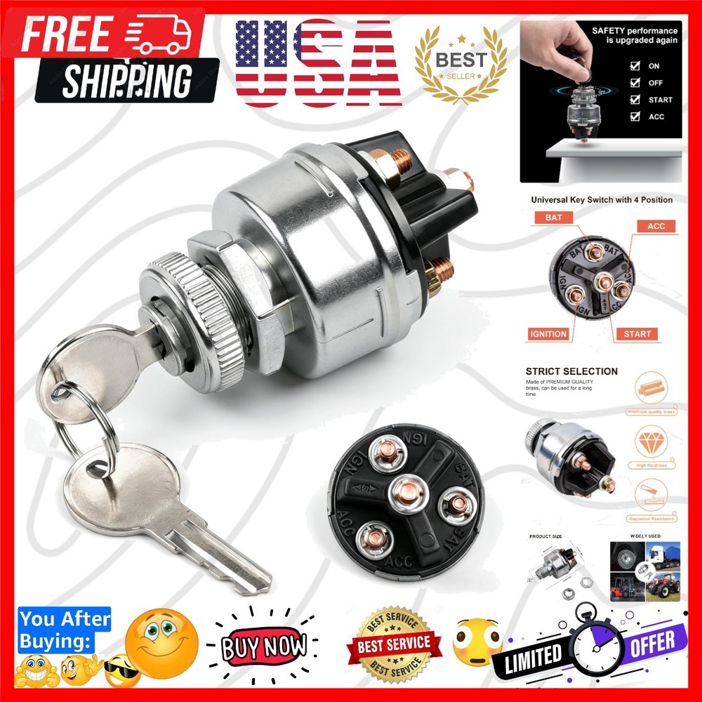 Ignition Switch with Key, 4 Position Universal Key Switch, Starter Switch 12V...
