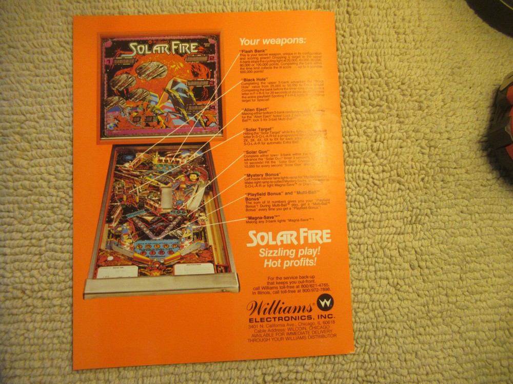 original 11- 8.38'' SOLAR FIRE WILLIAMS pinball ARCADE GAME FLYER