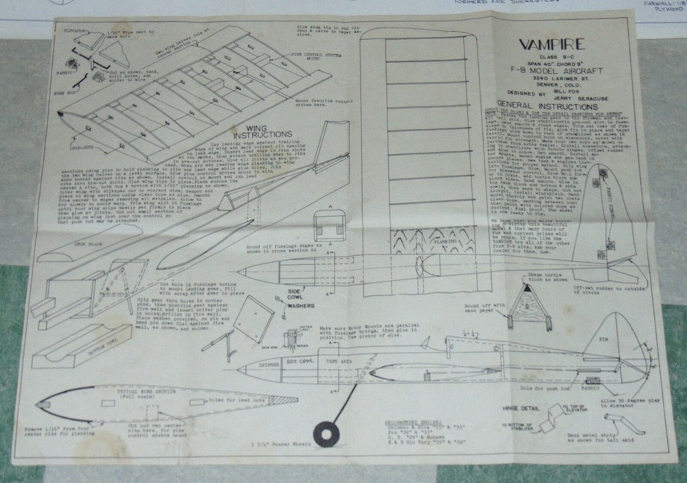 F&B Vampire OT Stunt Model Airplane Plans, Redrawn by Bill Schmidt
