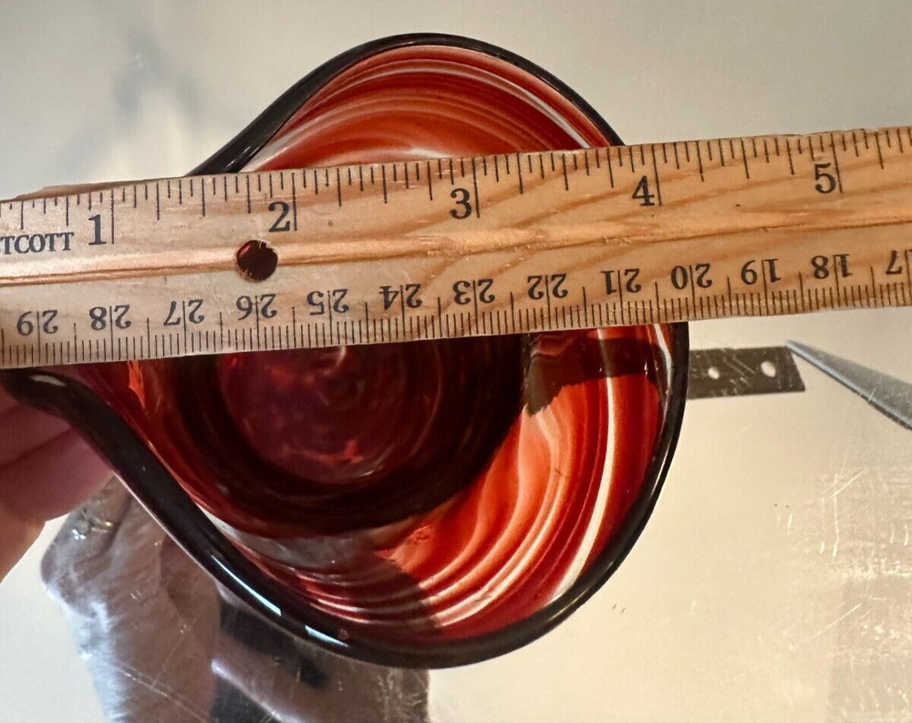 Hand blown Glass Ruby Red Pitcher Applied Ribbed Clear Glass Handle Bubbles Read