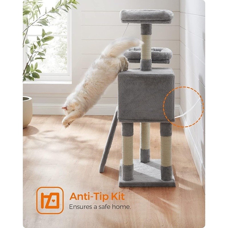 Cat Tree Tower Soft Perches Scratching Ramp Spacious Cat Cave W/ Pompom New
