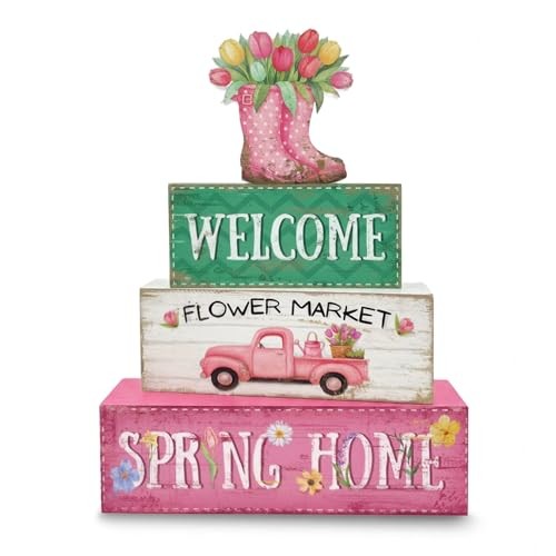 Spring Decorations, 4 Pcs Wooden Spring Table Decorations, Farmhouse Multicolor