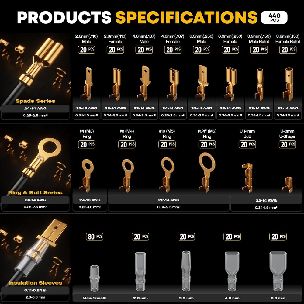 Crimping Tool Kit, 14-Type Open Spade & Quick-Disconnect Connector Set (2.8/3...