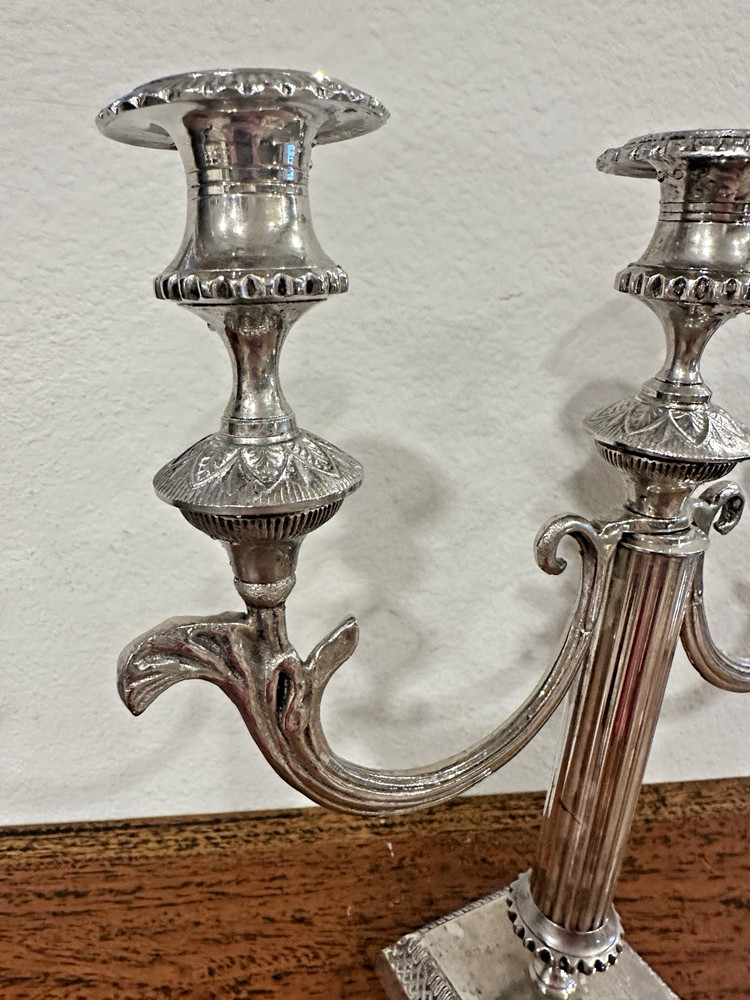 Empire Style Silver Plate 3-Light Candelabra Fluted Column, Square Base 11" tall