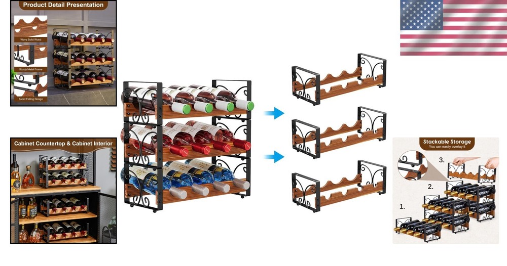 Innovative Stackable Wine Rack for 12 Bottles - Easy Assembly, Black Finish