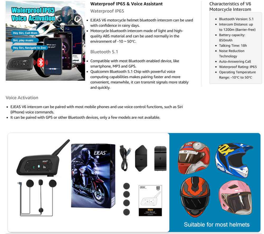 EJEAS Vnetphone V6 Motorcycle Bluetooth Headset, 2 Riders Intercom Bluetooth 5.1