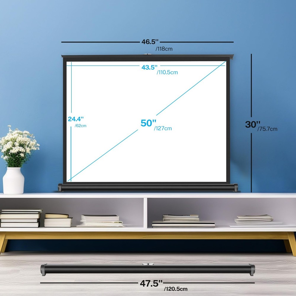 50 inch Small Projector Screen, Retractable Pull Up Screen, Floor Projector S...