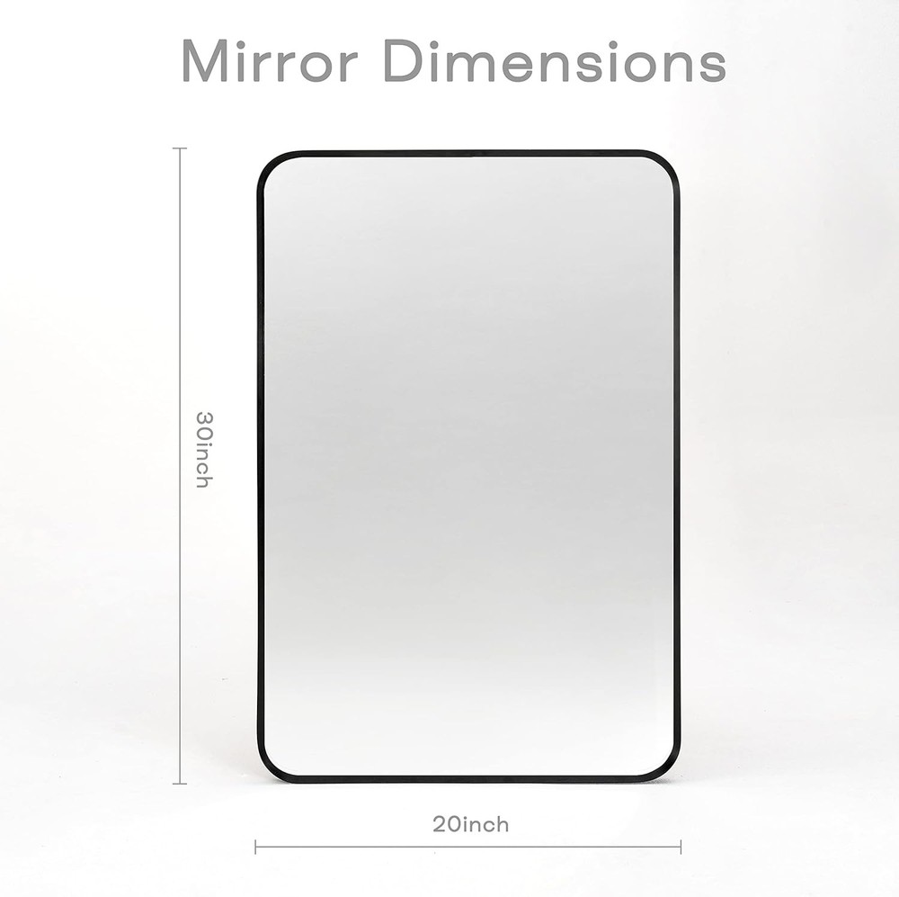 Wall Mount Mirror Bathroom Brush Black Metal Framed Rounded Corner Rectangular