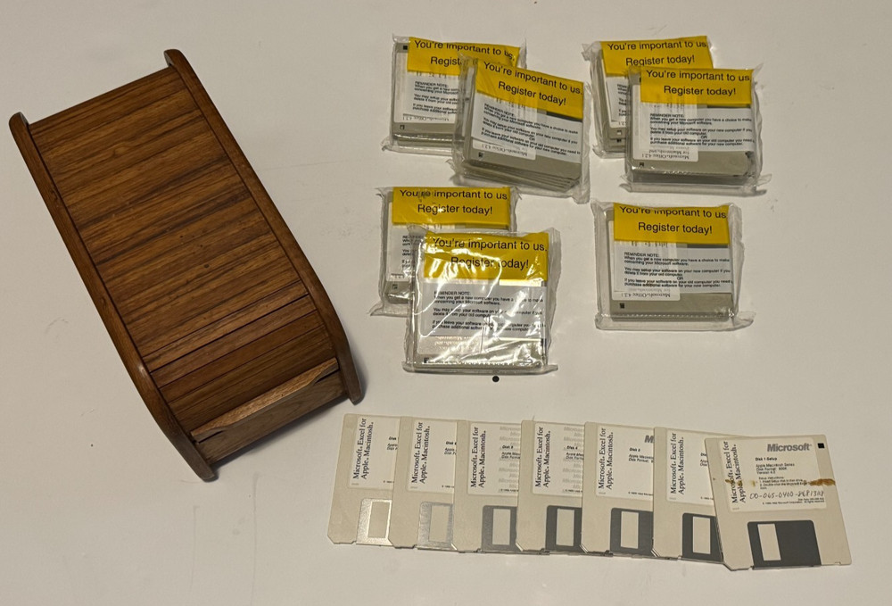 Vintage Microsoft Office 4.2.1 & Excel Mac Floppies + Teak Roll-Top Box