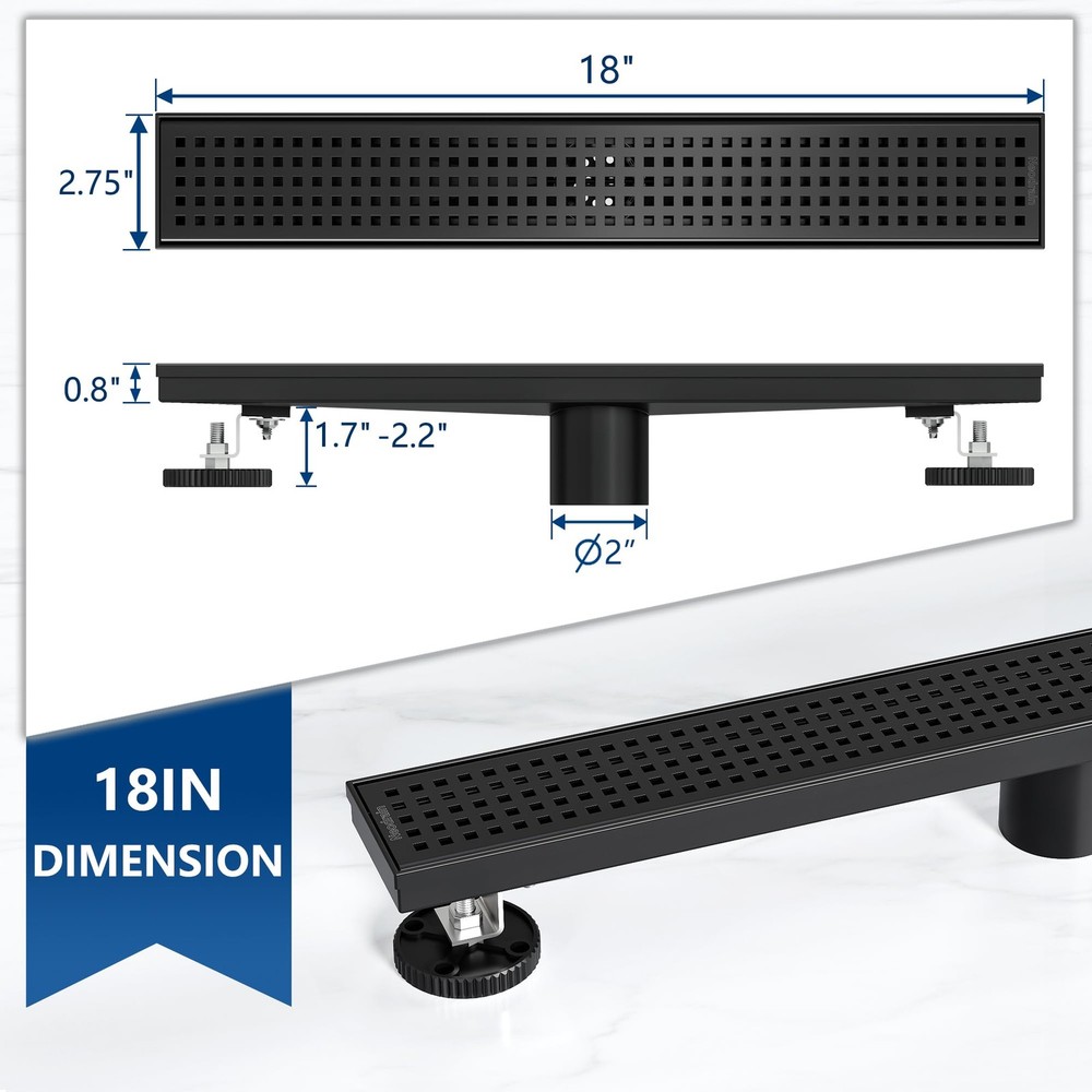 Neodrain 18-Inch Black Linear Shower Drain with Removable Quadrato Pattern Gr...