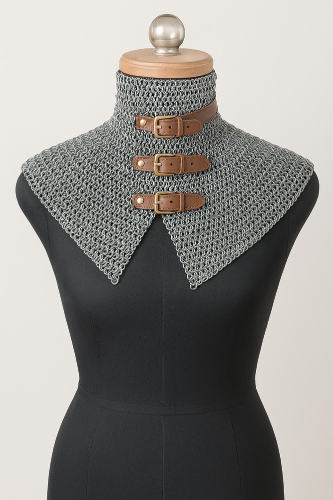 Titanium Chainmail collar,neck protection with leather, ~ 9 MM flat riveted