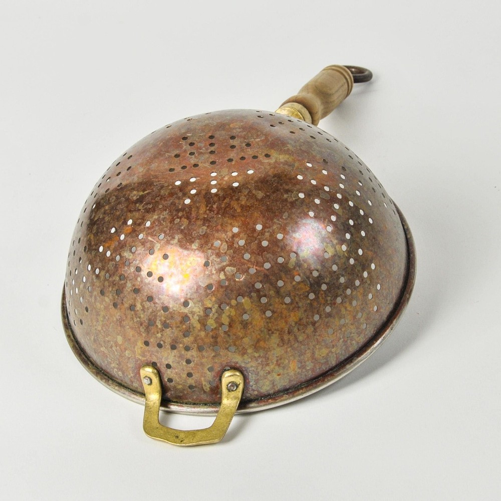 Vintage Copper Colander with Wood Handle Brass Details