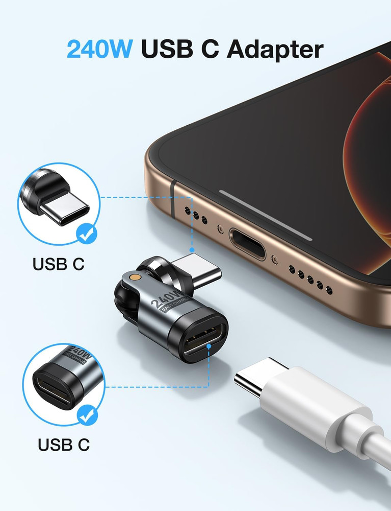 USB C Adapter [2-Pack], PD 240W USB C 90 Degree Adapter, USB Type C Right Angle