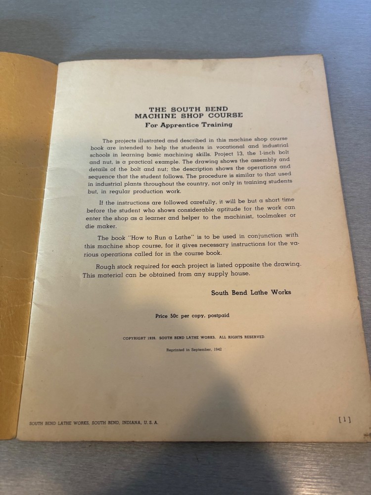 Original 1942 South Bend Machine Shop Course For Apprentice Training Catalog