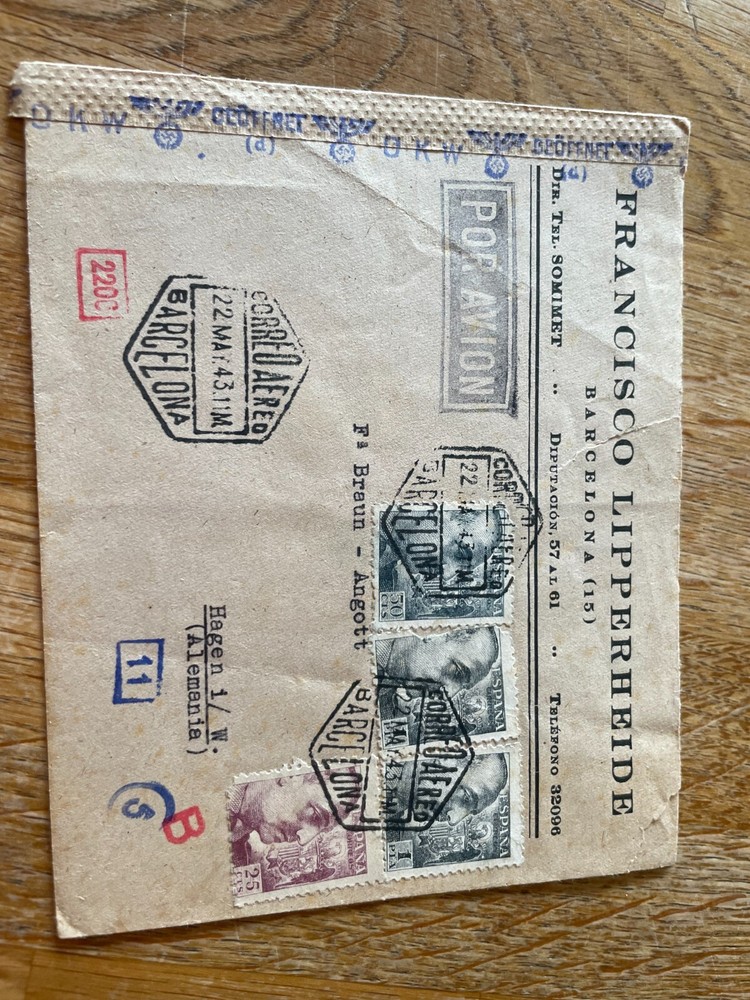 Spain superb cover opened by censor 22.5.1943, excellent front markings