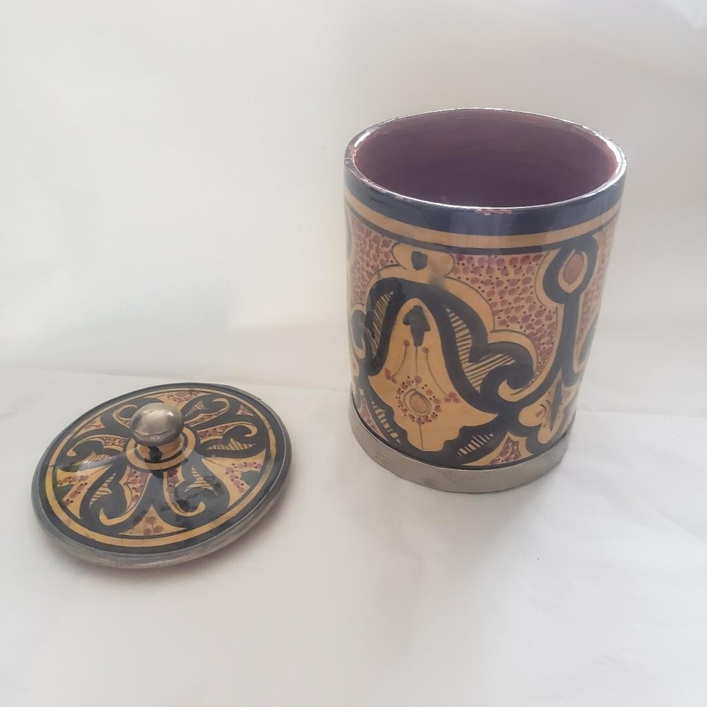 Middle Eastern Large Ceramic Sugar / Flour Container Brass/Copper Lining ?? 8X6"