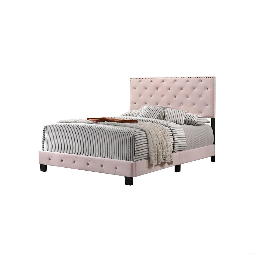 Chic Pink Transitional Full Bed, Wooden Bed Frame with Headboard