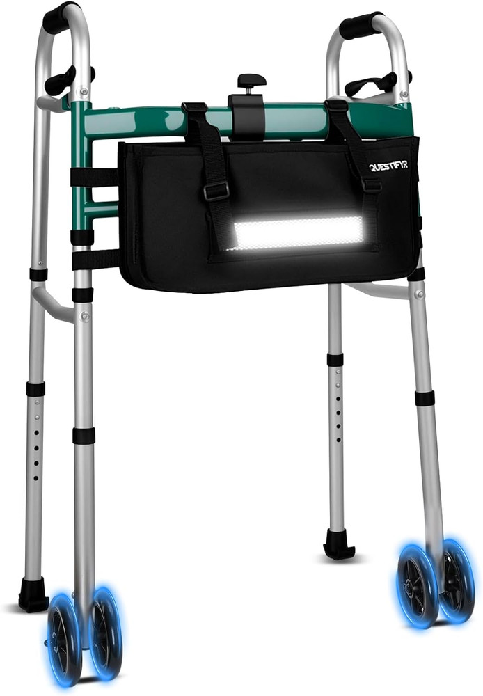 Folding Dual-Wheel Walker for Seniors with Motion Sensor Night Light & Storage B