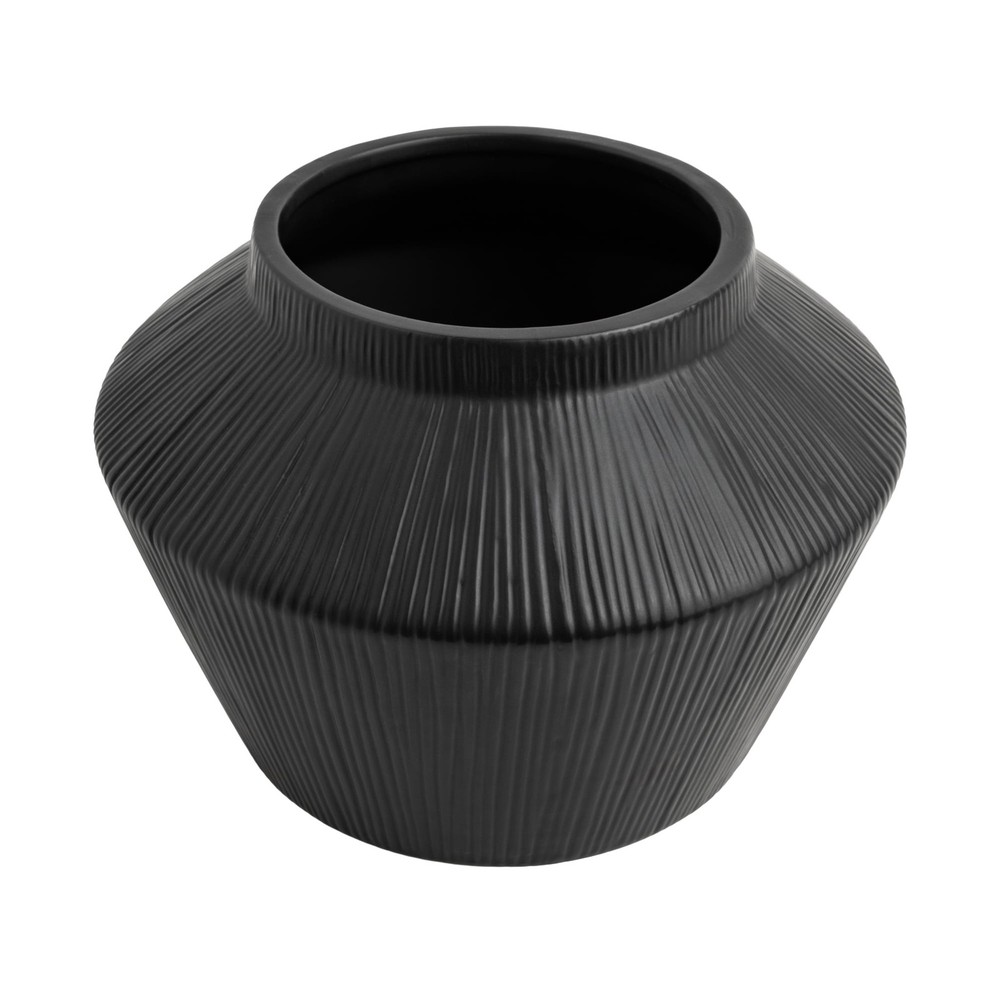 Black Ribbed Ceramic Angular Short Vase 6" W/ Modern Minimalist Style