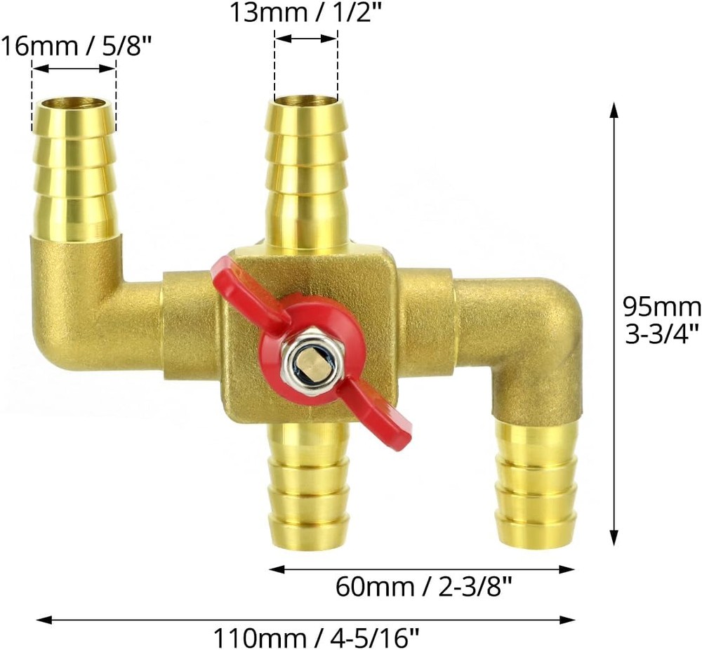 QWORK Solid Brass 5/8" 4-Way Heater Control Valve with Switch, 16mm Hose Barb Au
