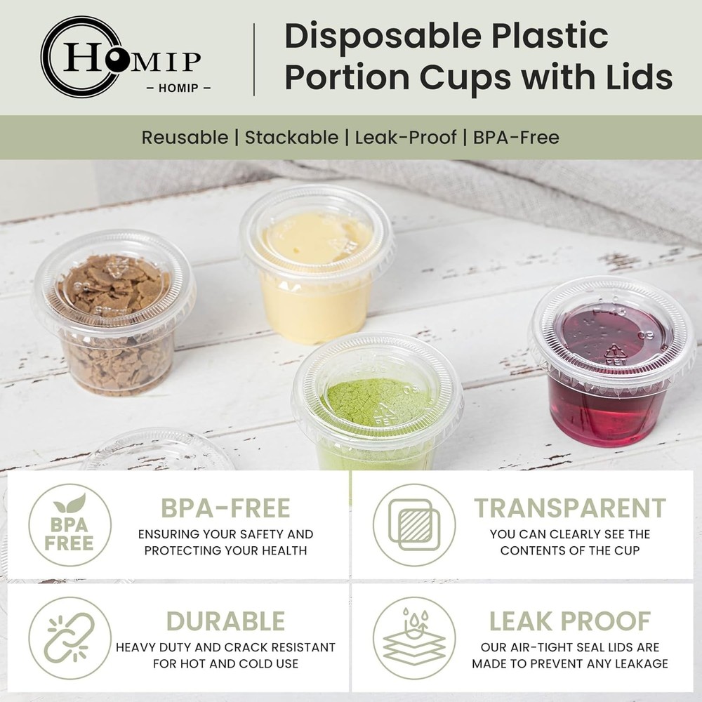 100Pack 1oz Disposable Plastic Portion Cups with Lids, Small Mini Sauce