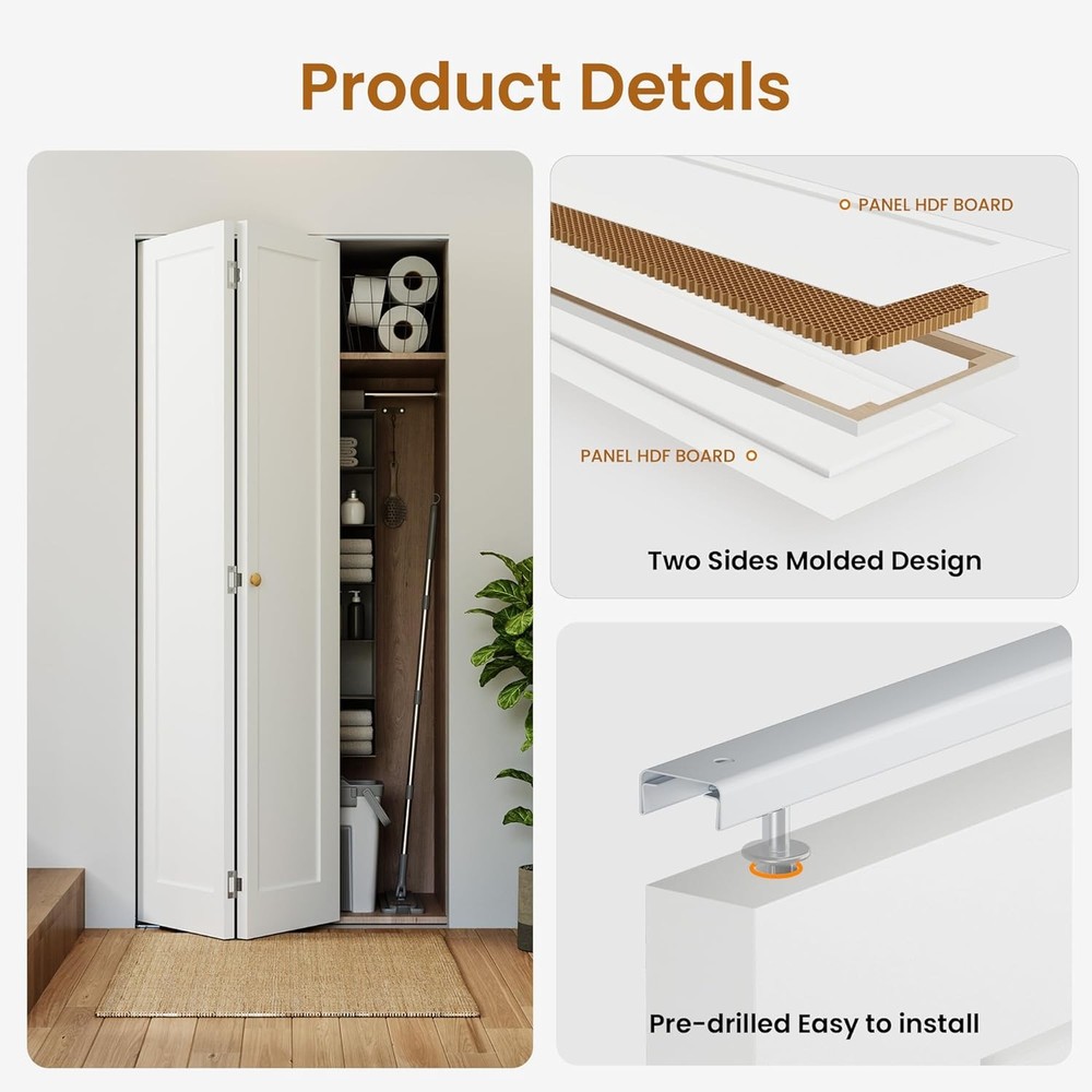 SMARTSTANDARD 24" x 80" Bifold Closet Doors, 1-Panel Paintable White