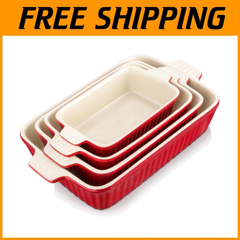 Rectangular Baking Pans Set for Casseroles, 4 Sizes, Red
